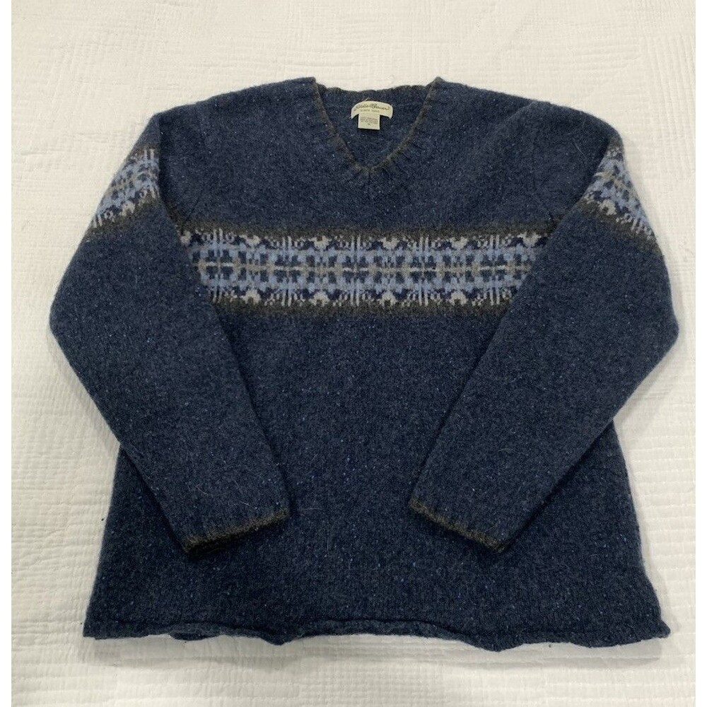 Eddie Bauer Sweater Mens M Blue Fair Isle Nordic Pure Lambs Wool Knit Pullover